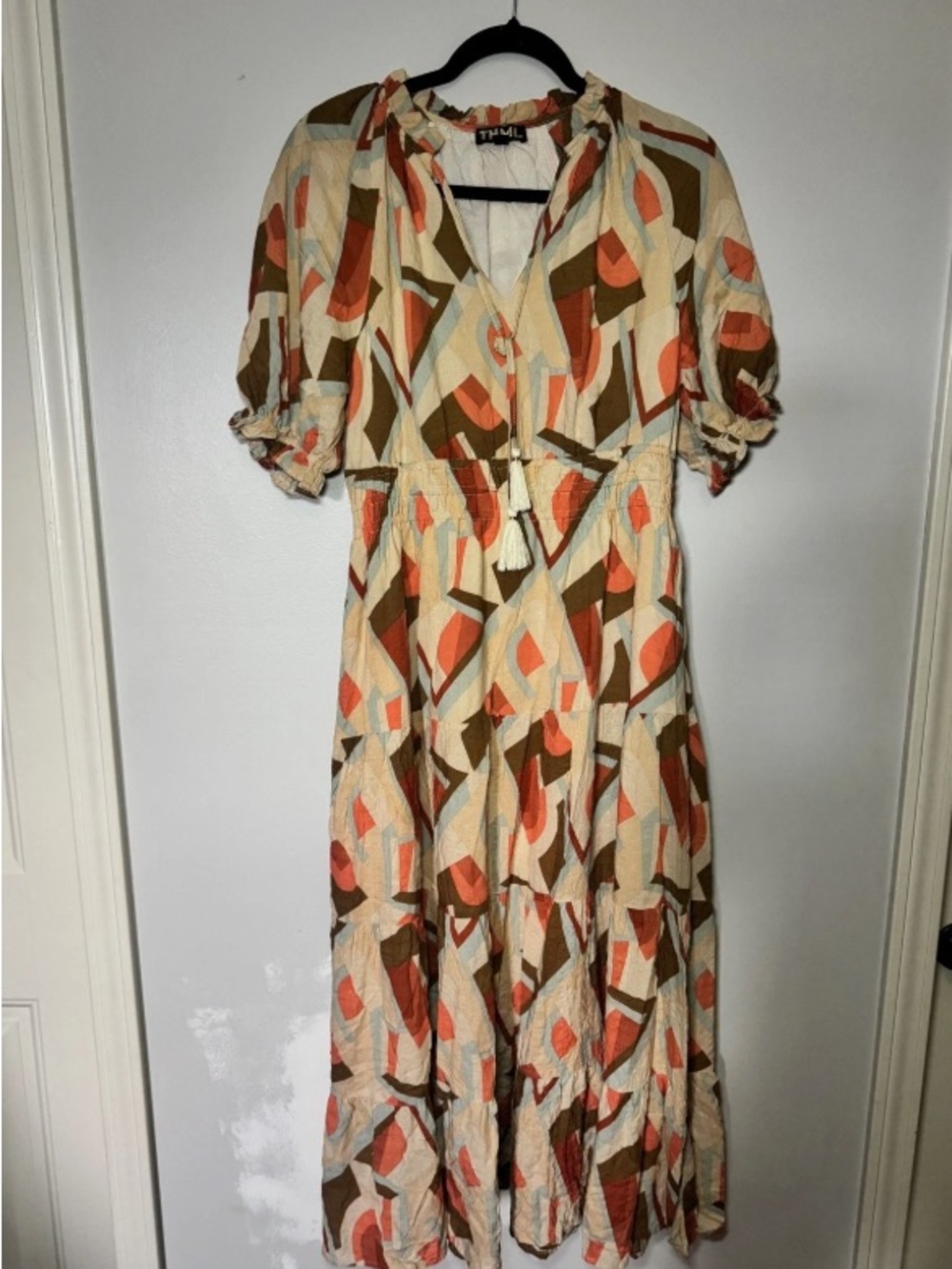 THML Beige, Orange & Brown Abstract Maxi Dress with Tassel Tie
